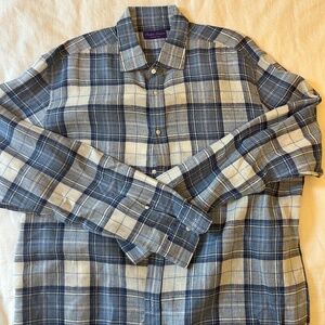 Ralph Lauren Purple Label Made in Italy Plaid Linen Shirt XL | Blue Check Luxury